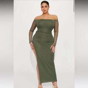 Mesh Olive Off-Shoulder Dress - 2X